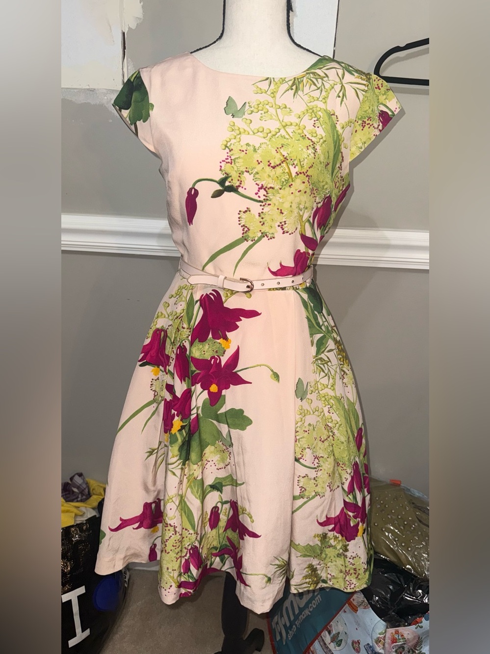 Ted Baker London Pale Pink Midi Dress with Fuchsia & Green Floral Print - Picture 5 of 13